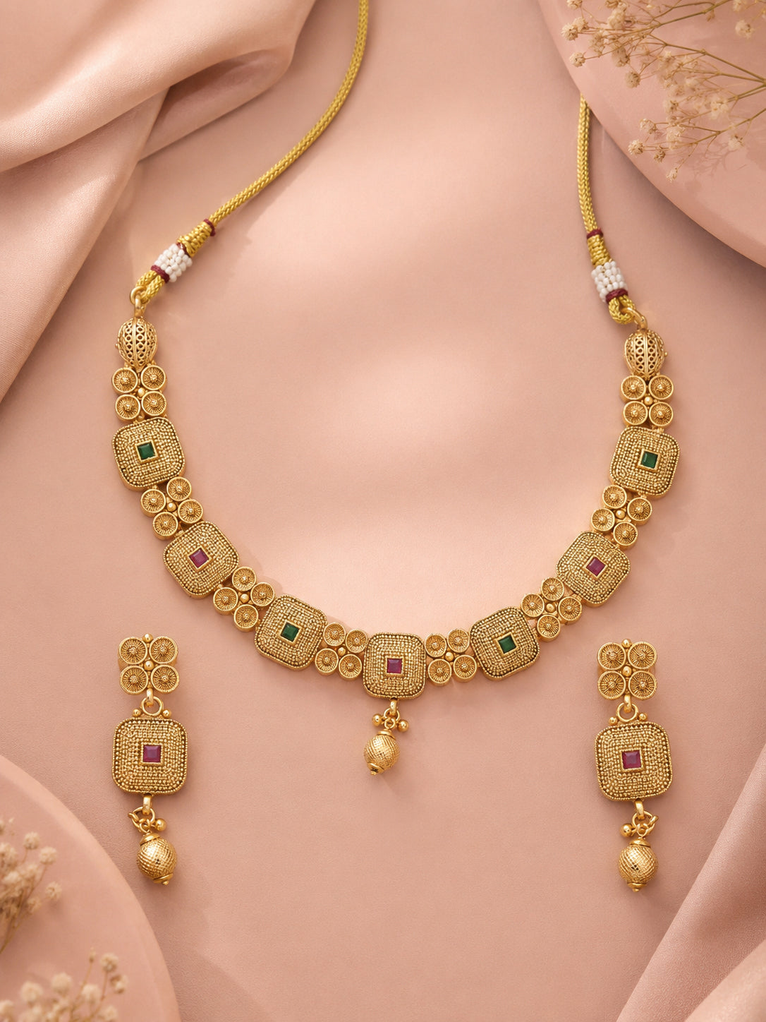 Aanura Gold Plated Ruby Grid Necklace Set
