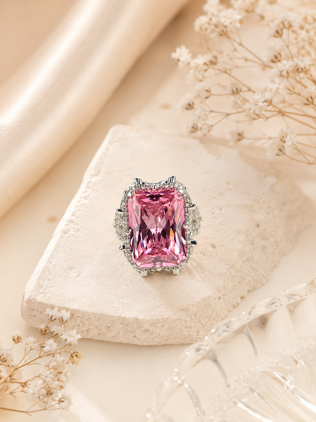 Rhodium Plated Ruby Cocktail Anti-Tarnish Waterproof Ring
