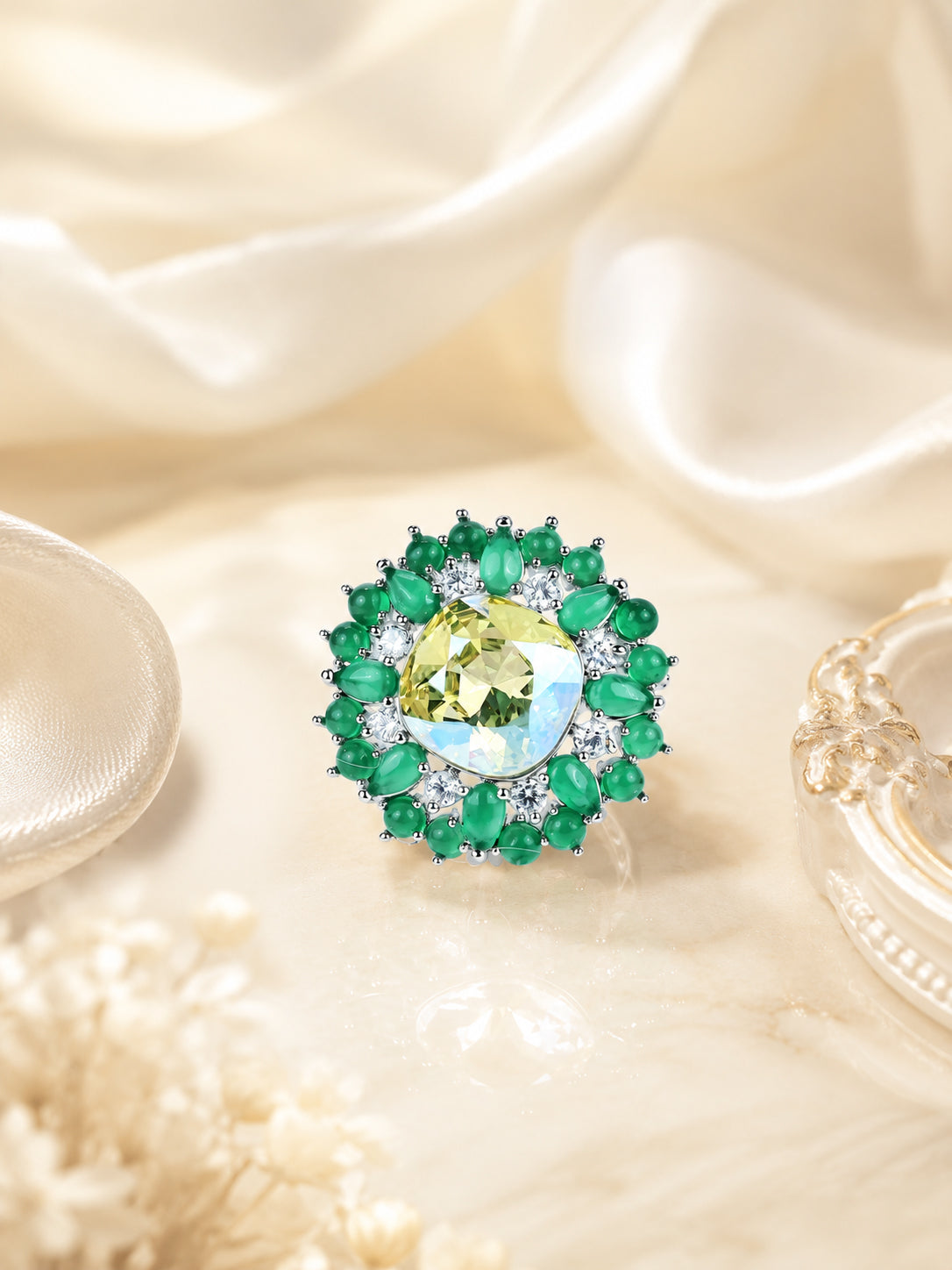 Rhodium Plated Emerald Cluster Anti-Tarnish Waterproof Ring