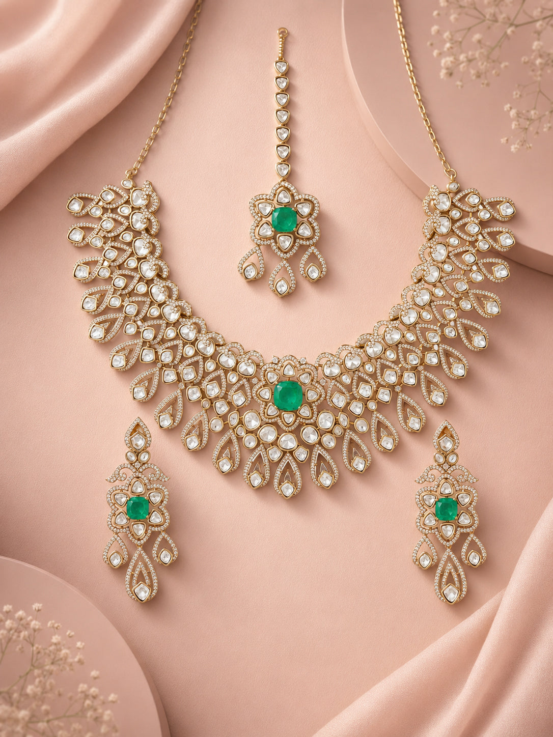 Aanura Bridal Emerald Kundan Necklace with Tikka Set