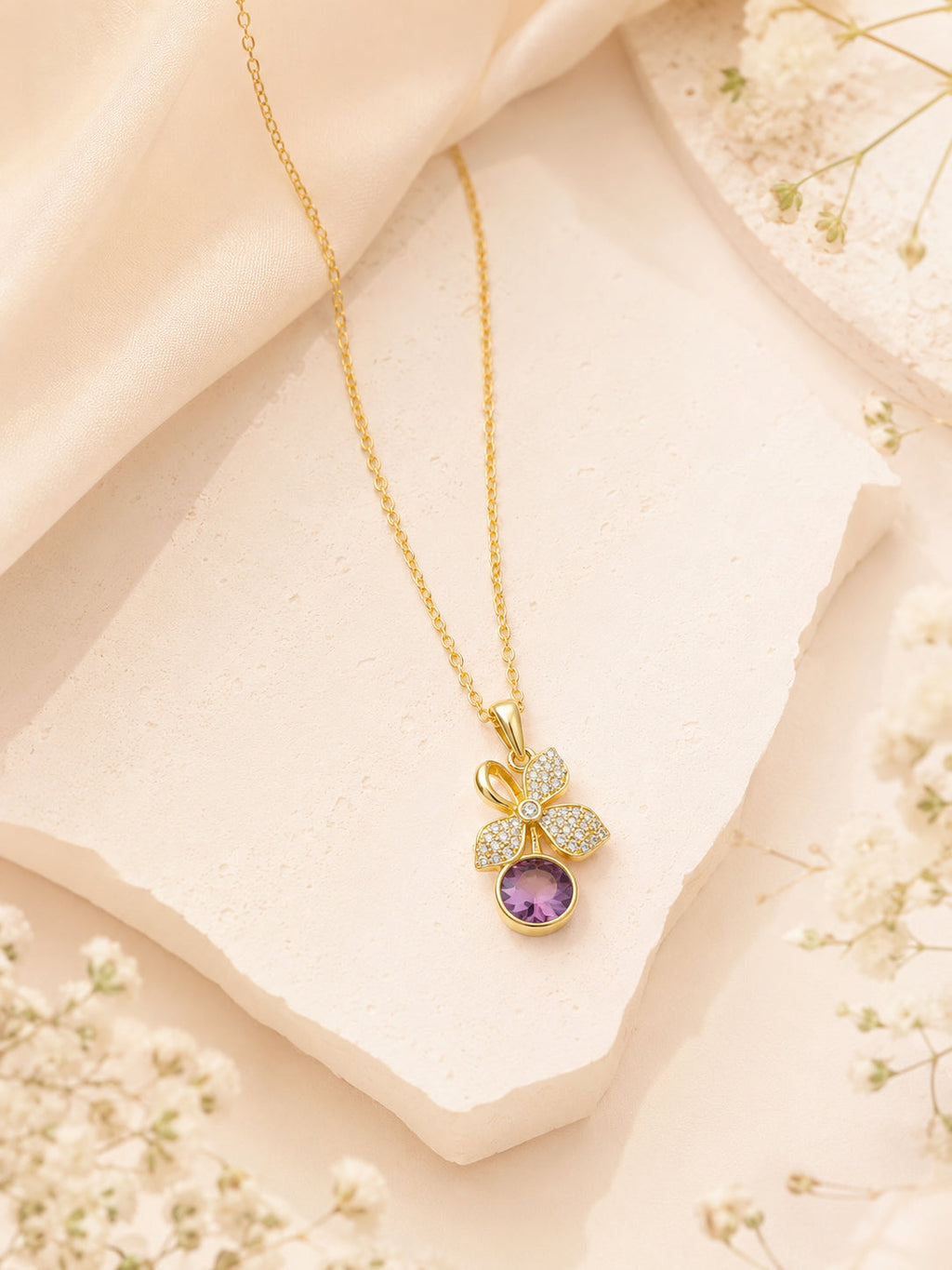 18K Gold Plated Purple Floral Crystal Drop Necklace
