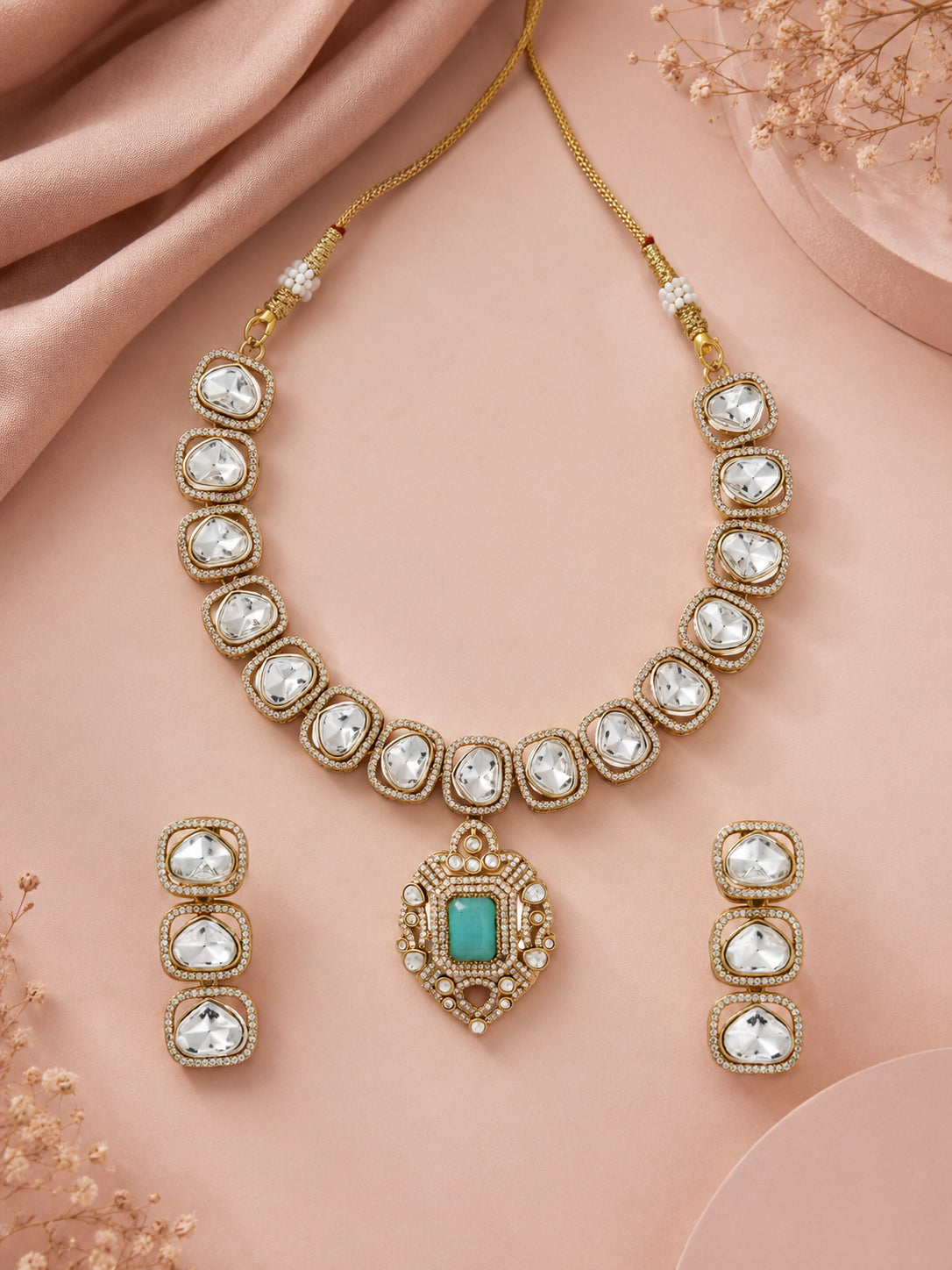 Aanura Kundan Necklace with Pink Stone Heritage Pendant