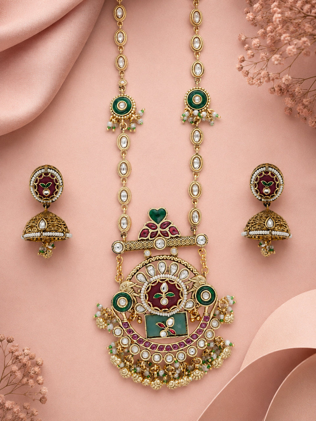 Aanura Long Temple Necklace Set with Green & Red Stones