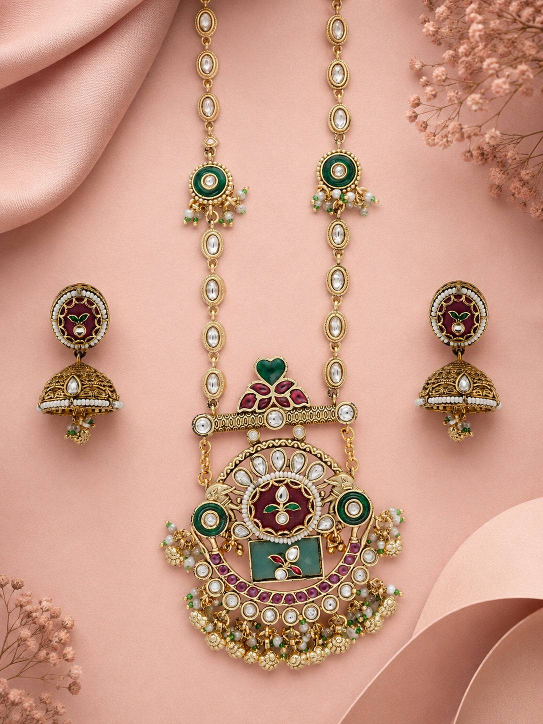Aanura Long Temple Necklace Set with Green & Red Stones