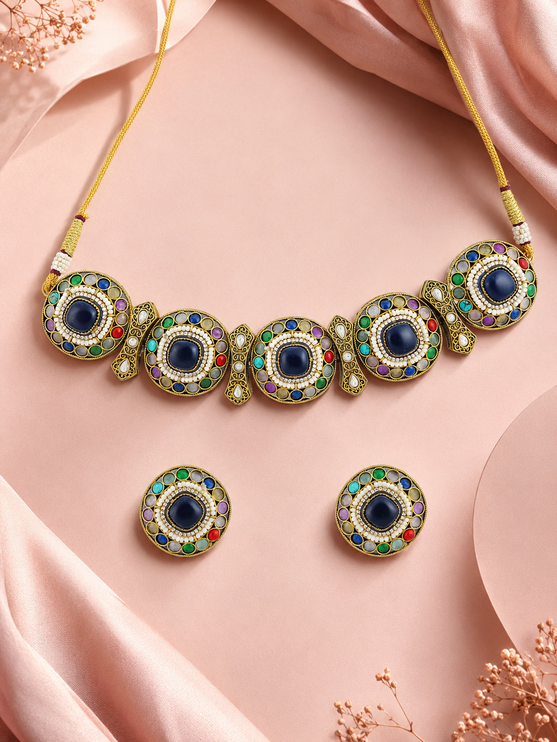 Aanura Navratna Choker Necklace with Green Center Stones