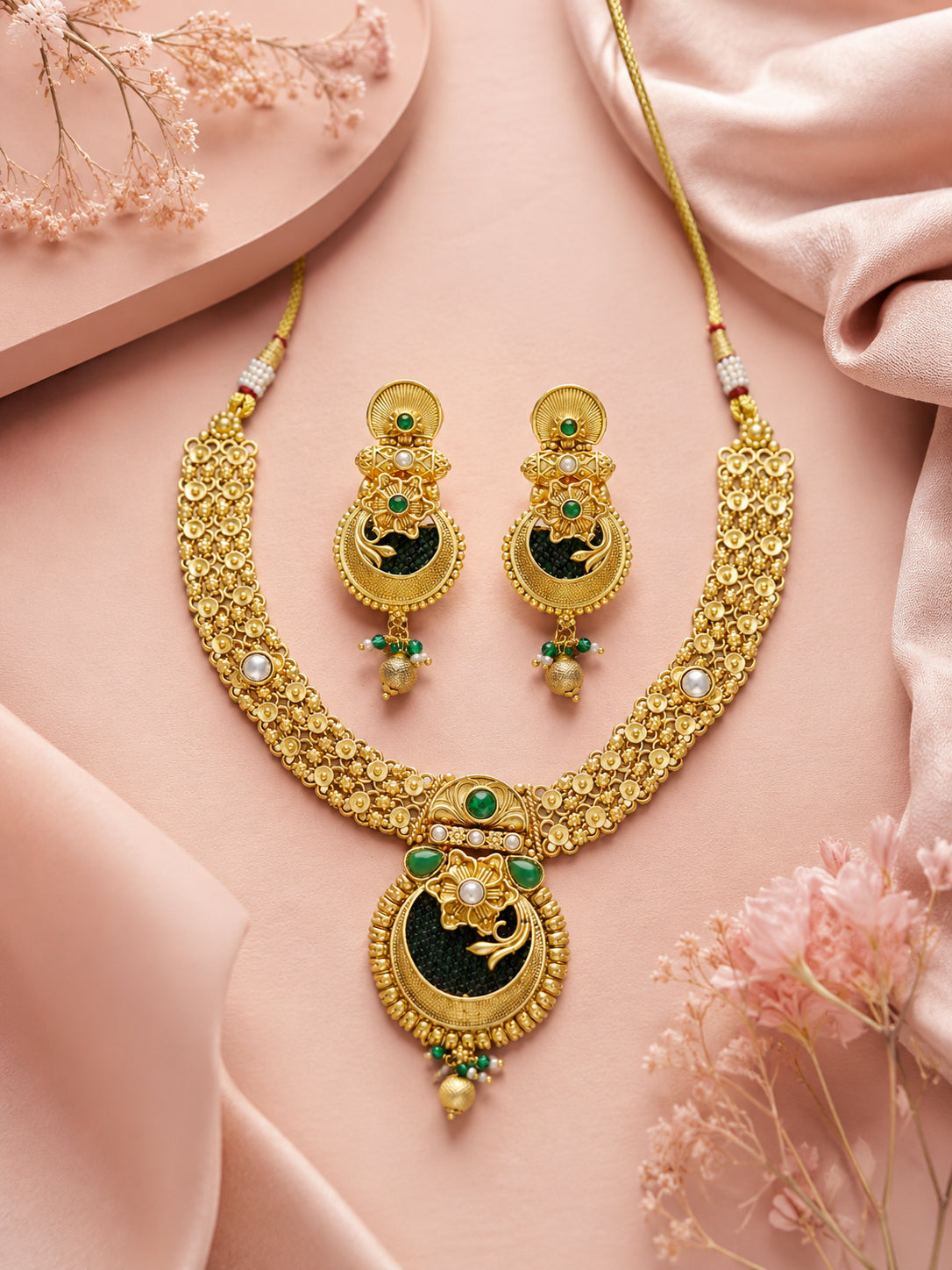 Aanura Temple Style Gold Necklace Set with Earrings