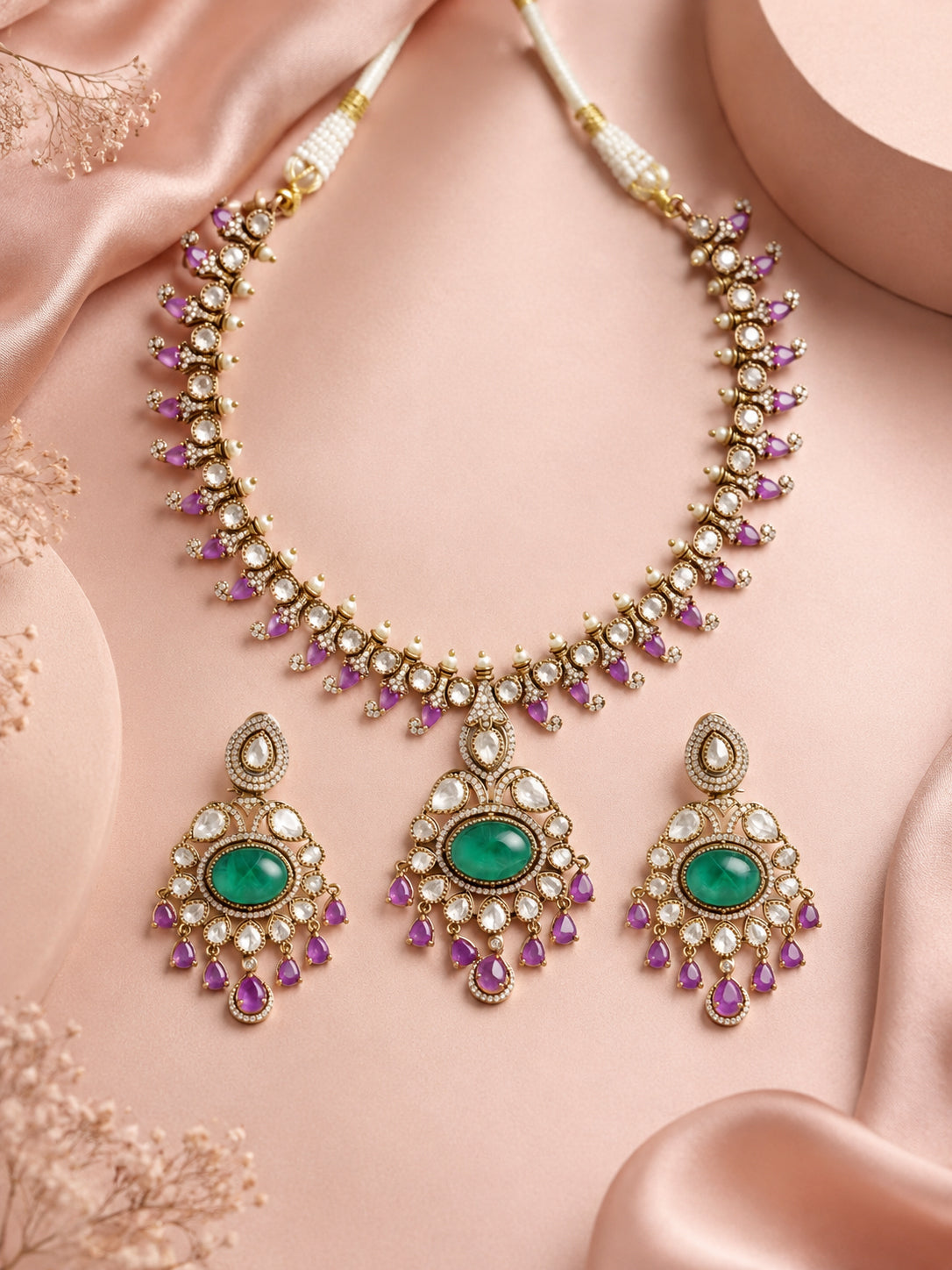 Aanura Royal Green Kundan Bridal Necklace with Earrings