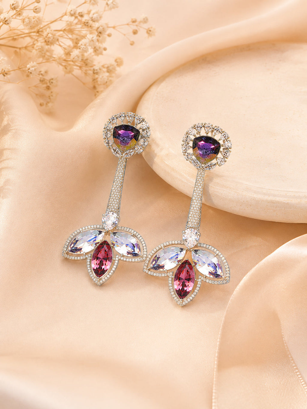 Aanura Iridescent & CZ Floral Dangle Earrings