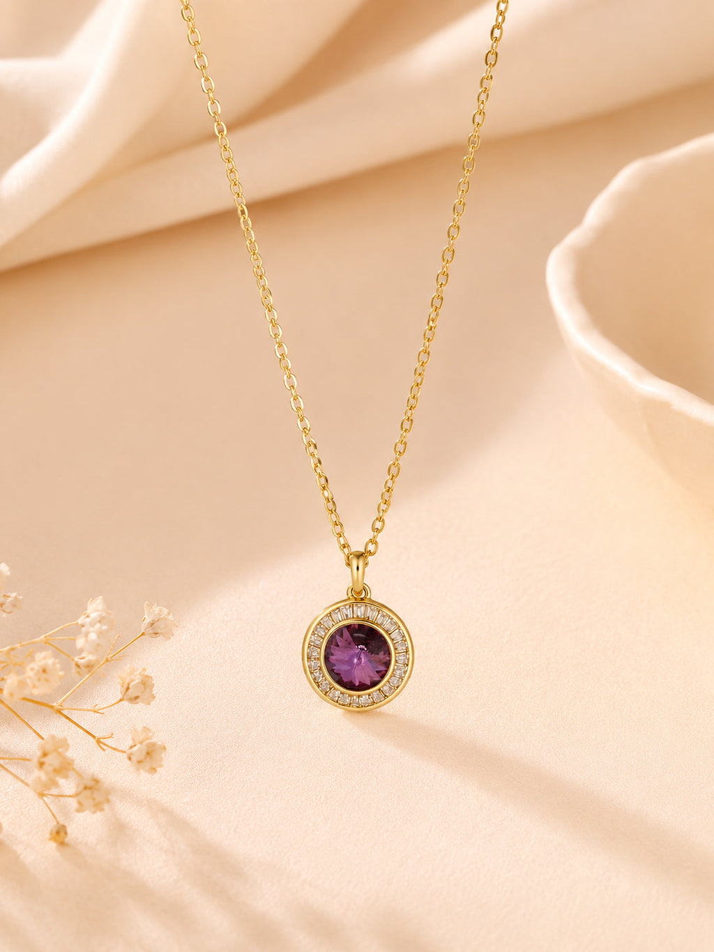 18K Gold Plated Purple Halo Crystal Pendant Necklace