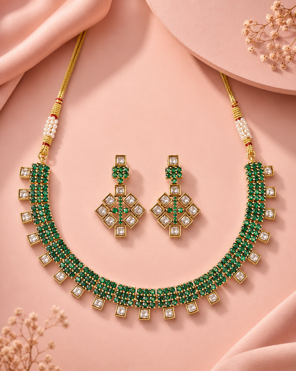 Aanura Green Beaded Choker Necklace Set with Earrings