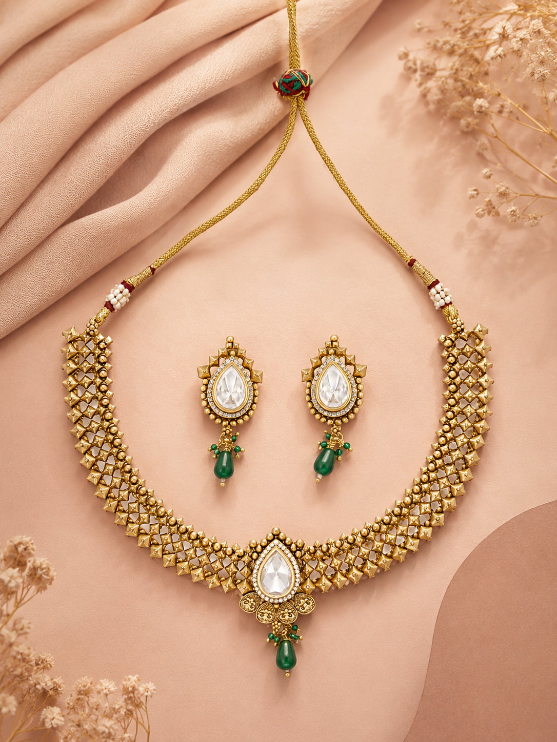 Aanura Antique Pearl Drop Kundan Choker Necklace Set