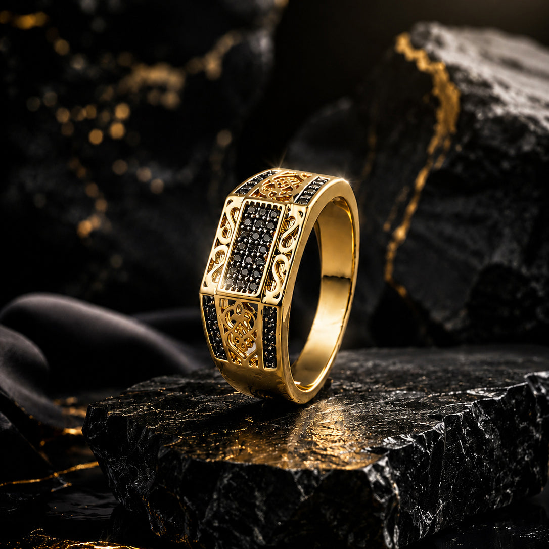 18K Gold Plated Silver Stone Grid Anti-Tarnish Demi-Fine Ring for Men