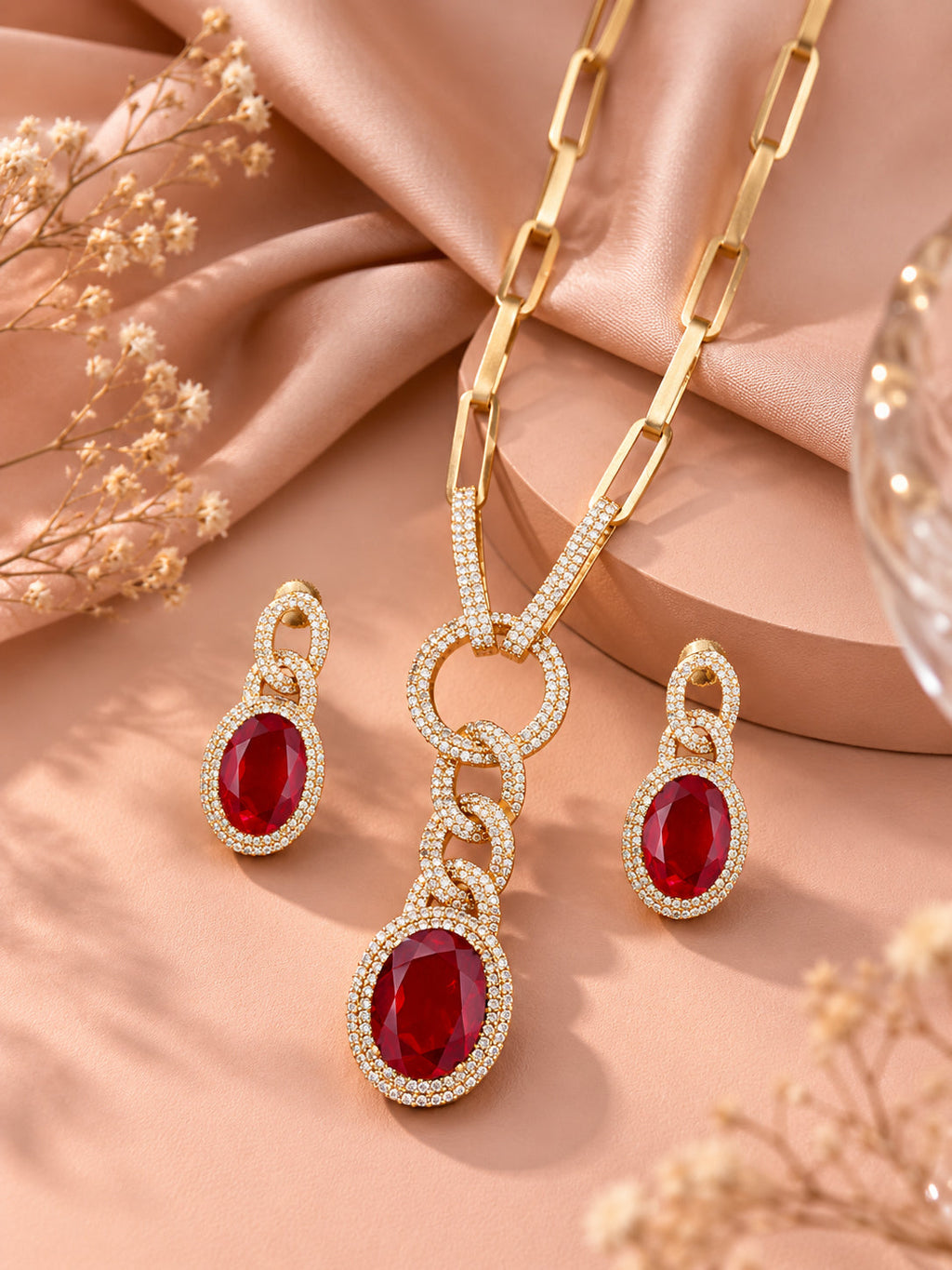 Aanura Red Stone Chain-Link Necklace with Earrings