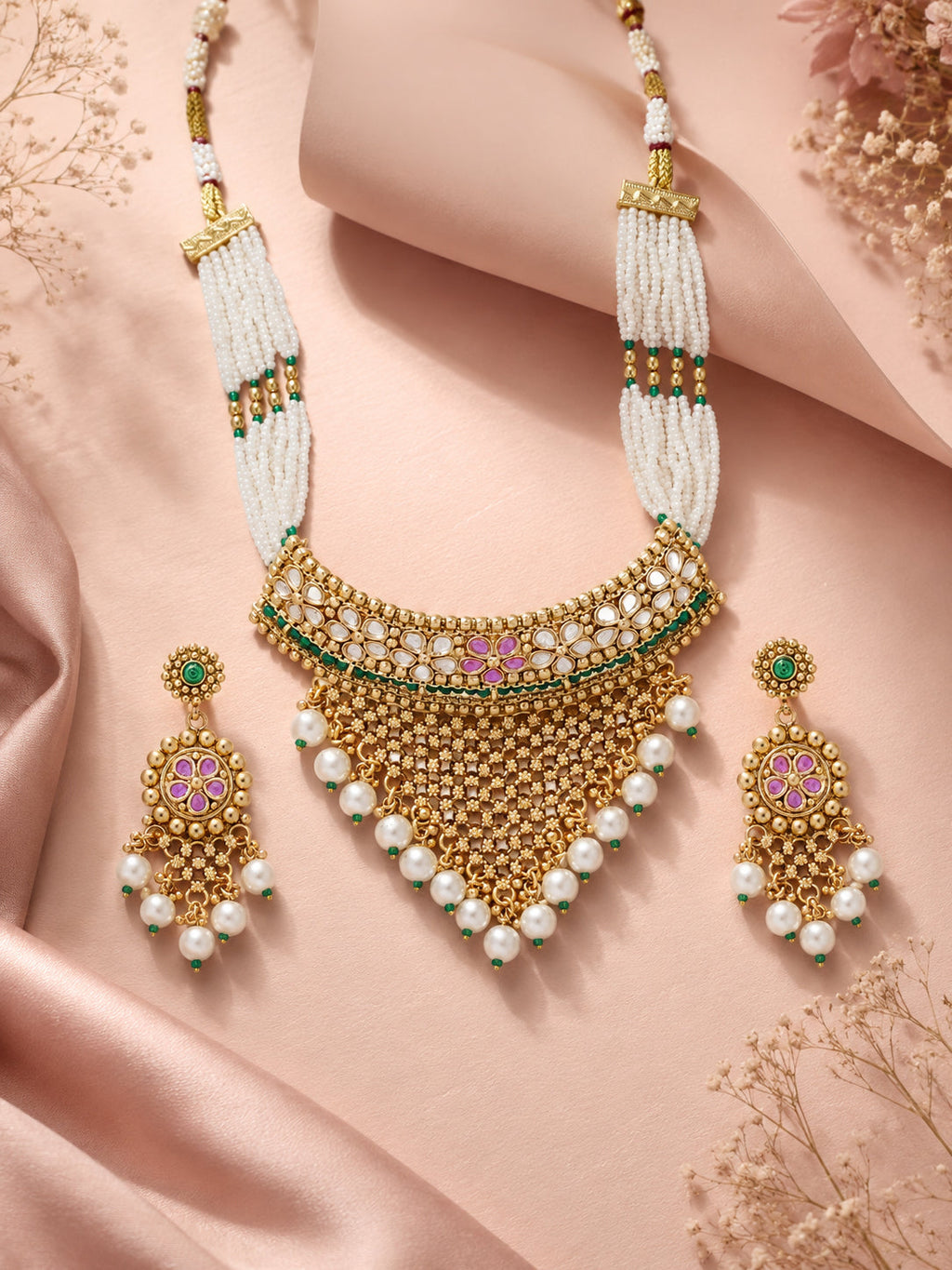 Aanura Pearl Bridal Choker Necklace with Ruby Motifs