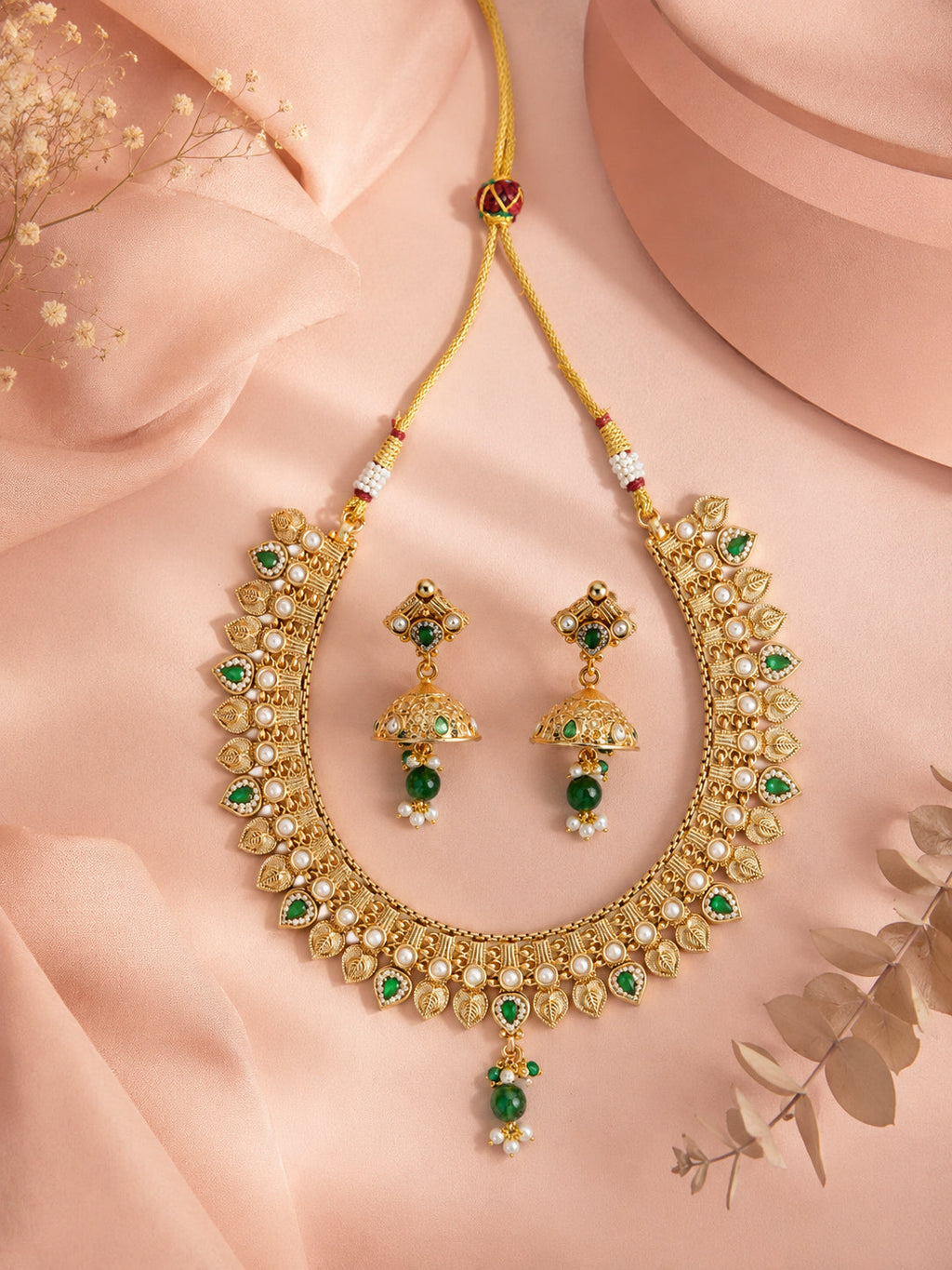 Aanura Antique Gold Choker Necklace with Drop Earrings