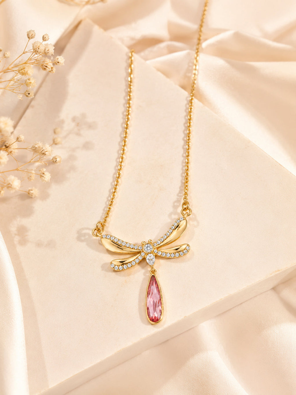 18K Gold Plated Pink Wing Teardrop Necklace