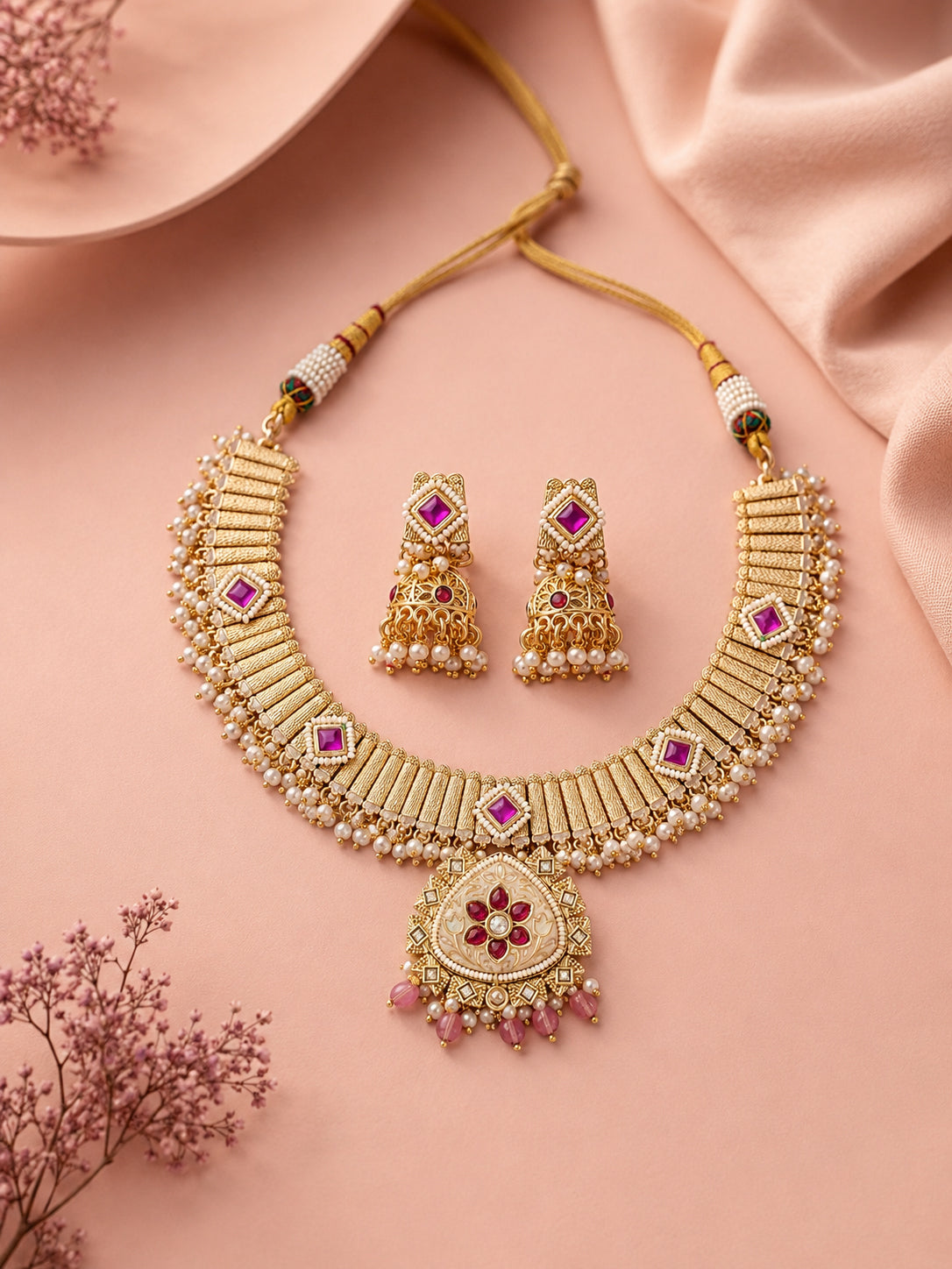 Aanura Kundan Choker Necklace with Green Stones & Pearls