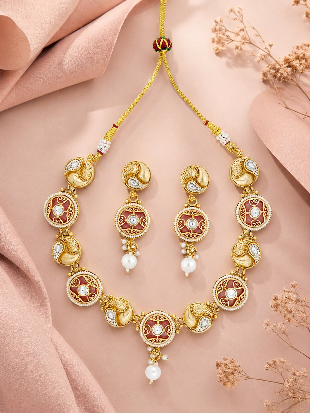 Aanura Circular Kundan Ruby Drop Necklace Set