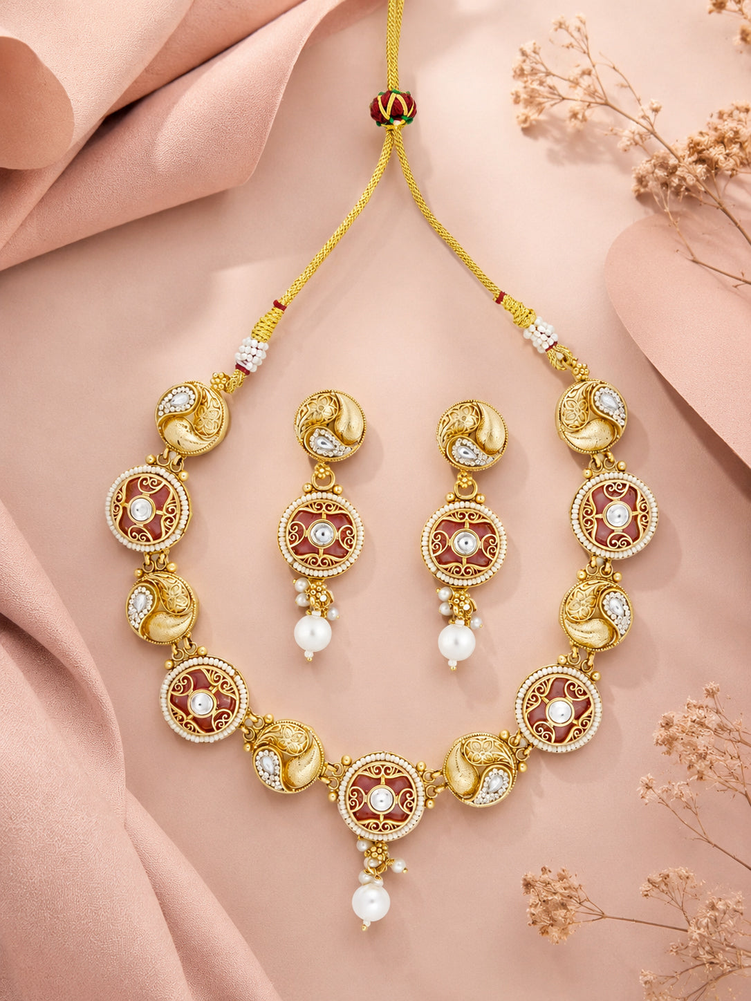 Aanura Circular Kundan Ruby Drop Necklace Set