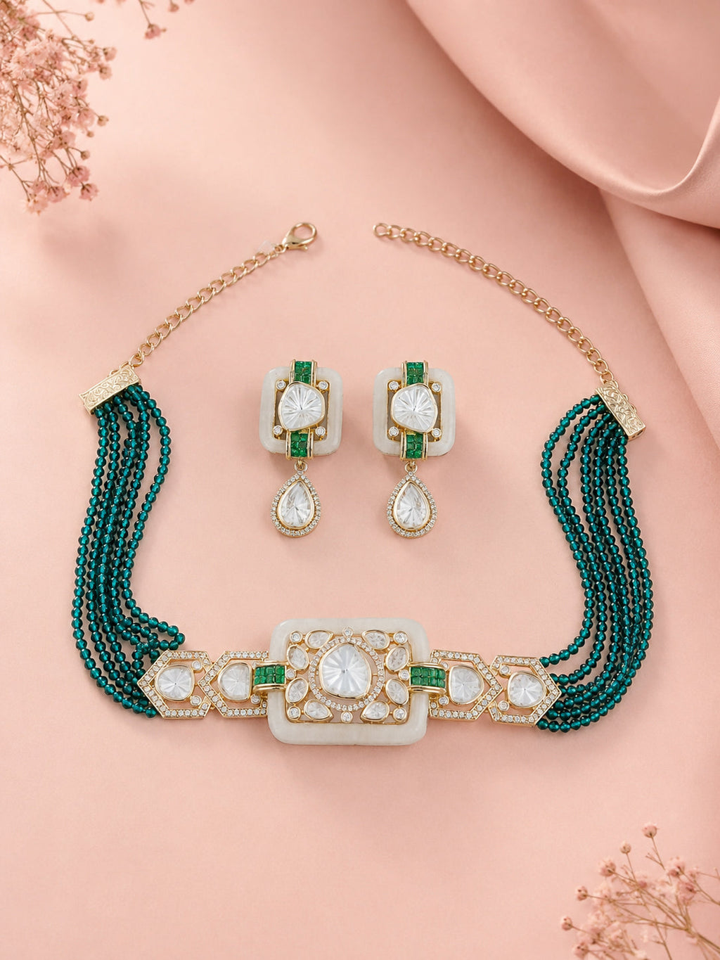 Aanura Statement Choker Necklace with Square Motif & Earrings