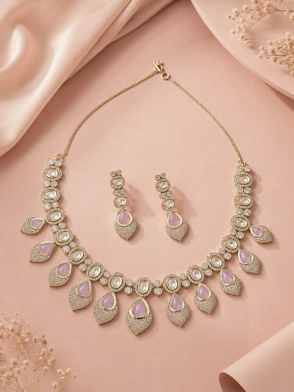 Aanura Lavender Drop Kundan Necklace Set with Earrings