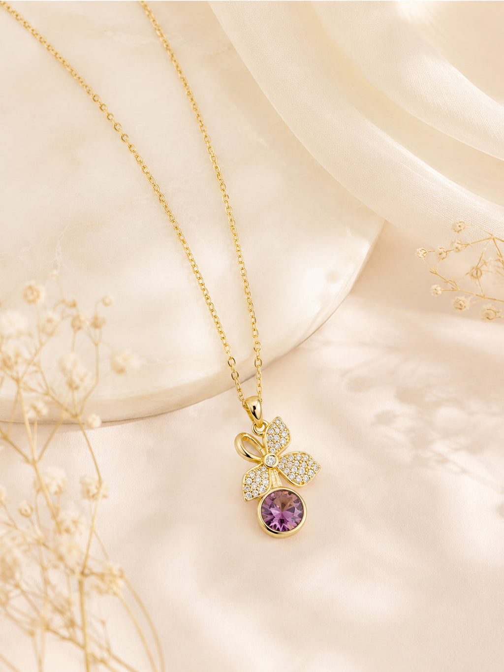 18K Gold Plated Purple Floral Crystal Drop Necklace