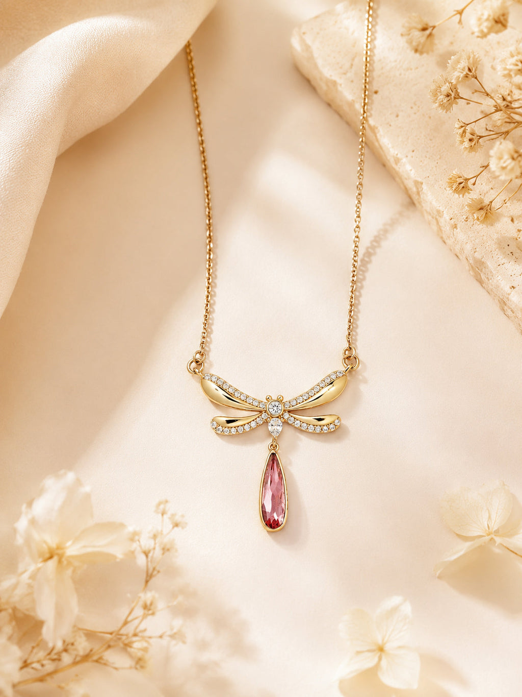 18K Gold Plated Pink Wing Teardrop Necklace