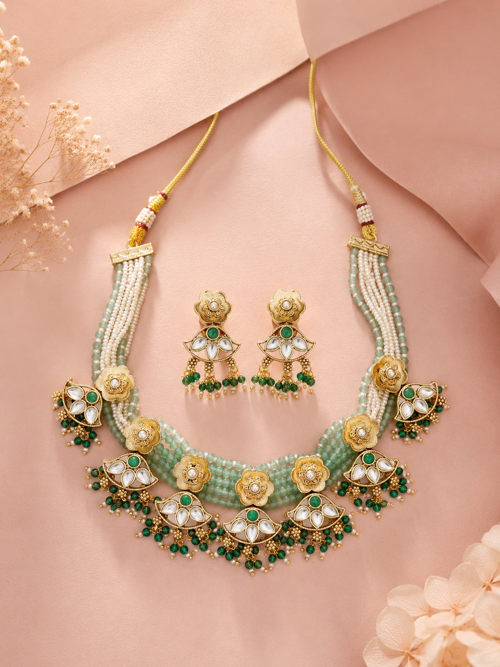 Aanura Floral Kundan Choker Necklace with Beaded Drops
