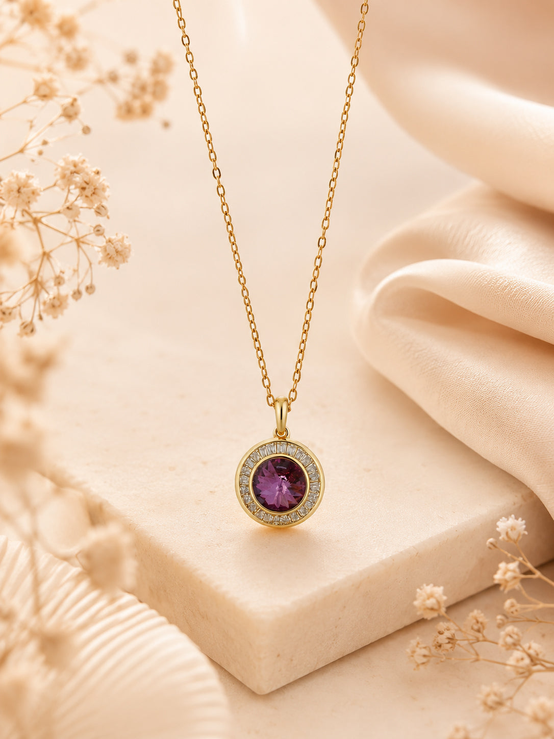 18K Gold Plated Purple Halo Crystal Pendant Necklace